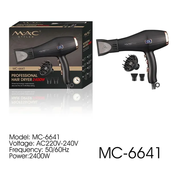 Профессиональный фен MAC Styler MC-6641, ионизация, LED-экран, 2 скорости, 11 температурных режимов