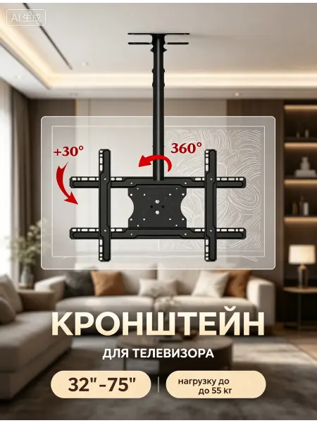 ASSEN Кронштейн для телевизора потолочный с трубой усиленной