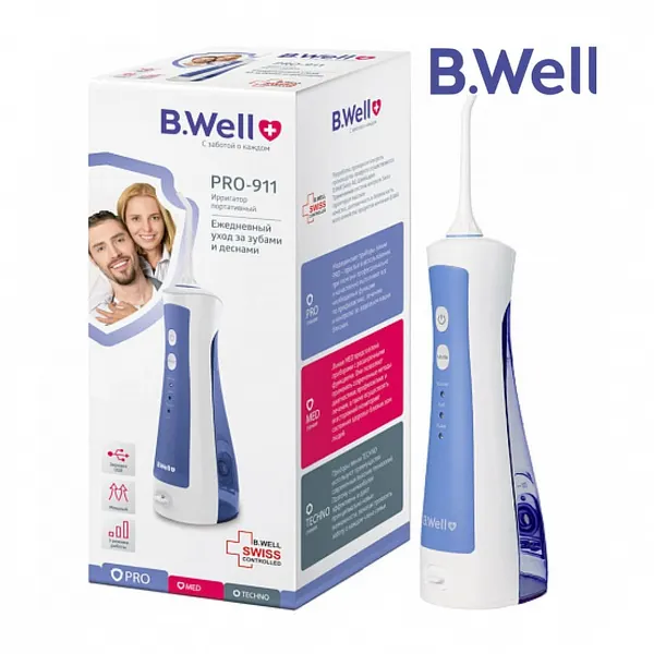 Ирригатор B.Well PRO-911 для полости рта, импульсный, портативный, белый/голубой