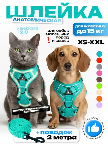 Шлейка для собак мелких пород и кошек анатомическая с поводк
