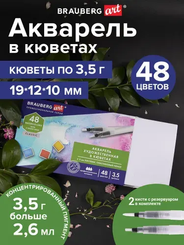 Акварель художественная Набор 48 цветов по 3,5 г, пластиковый кейс, Brauberg Art Classic