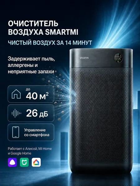 Очиститель воздуха Xiaomi Smartmi Air Purifier 3, напольный, HEPA фильтр, 48 м², темно-серый