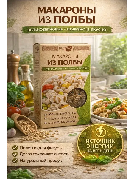 Вастэко Макароны из полбы "Спирали", 2*400 г, цельнозерновые
