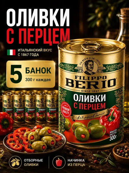 Filippo BERIO Оливки фаршированные с перцем набор 5шт по 300г