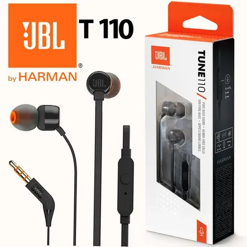 JBL T110, наушники проводные внутриканальные с микрофоном, 3.5 мм, для телефона и ПК, черные