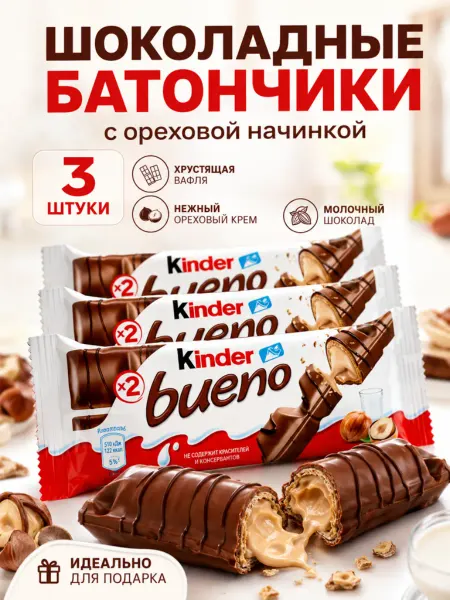 Kinder Шоколадные Вафли Батончики С Ореховой Начинкой, 3упаковок