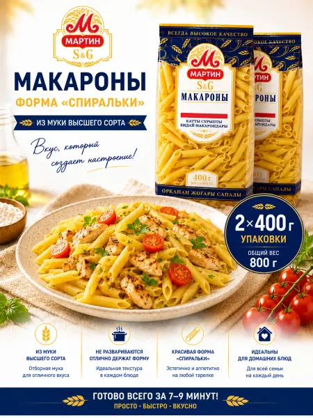 Мартин Макароны Перья твердых сортов высший 2шт х 400 г