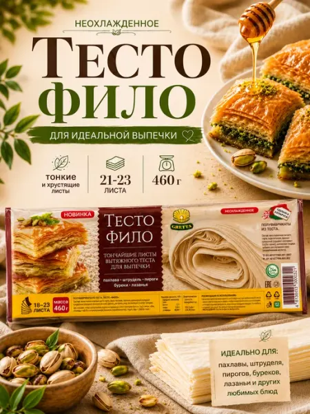 Gretta Тесто фило для выпечки готовое белорусское, листы 460 г