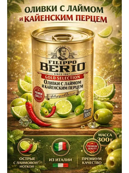 Filippo BERIO Оливки без косточки с лаймом и кайенским перцем 6шт по 300гр