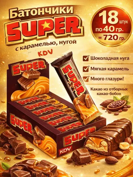 KDV Батончики шоколадные с карамелью, нугой Super супер 720гр