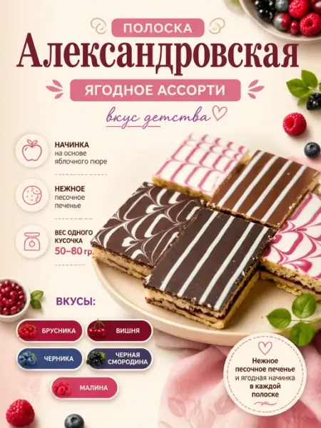 МНSweets Печенье "Полоска Александровская" Ассорти ягодное,890гр