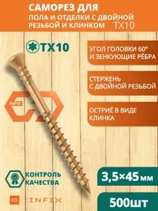 Саморез отделочный 3.5х45 клинок желтый цинк TX10 (500 шт)