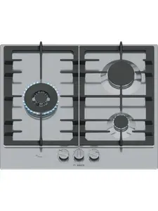 Bosch Газовая варочная панель 58 см PCC6A5I90, 3 конфорки, нержавеющая сталь, чугунные решетки, серебристая