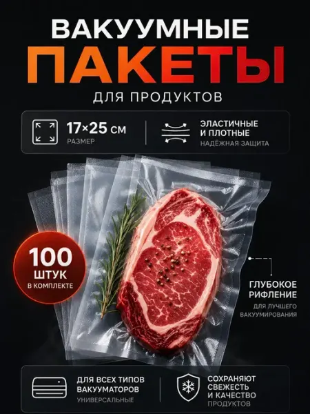 Пакеты для вакууматора рифленые для продуктов 17х25 см