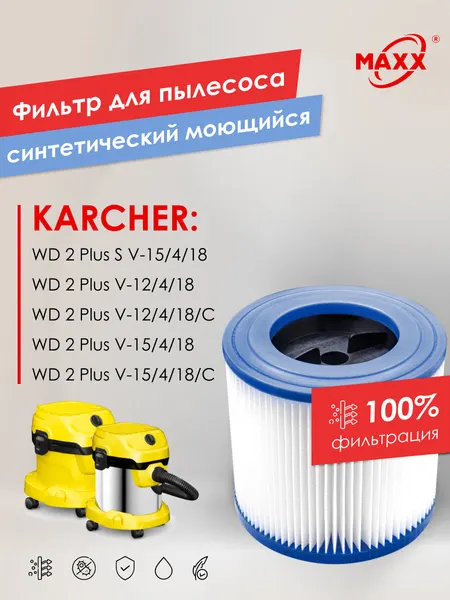 Патронный фильтр PRO синтетический, моющийся для пылесоса Karcher WD 2 Plus V-12/4/18, S V-15/4/18, V-15/4/18