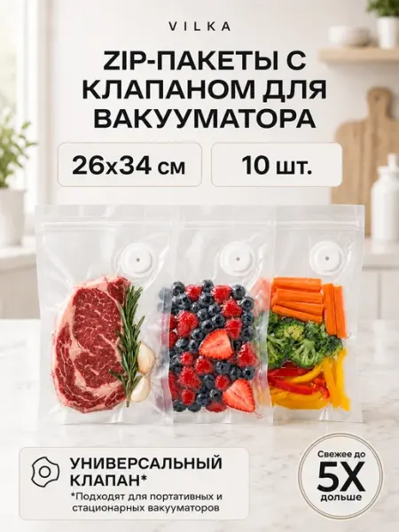 VILKA Зиппакеты с клапаном для вакууматора 26*28, 10шт