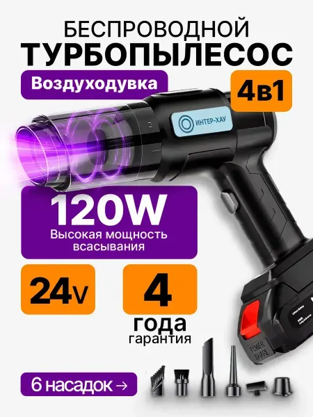 TimeClean Пылесос для автомобиля беспроводной мощный с насадками 4в1