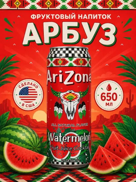 ARIZONA Напиток Аризона Watermelon Fruit Juice Cocktail 650 мл