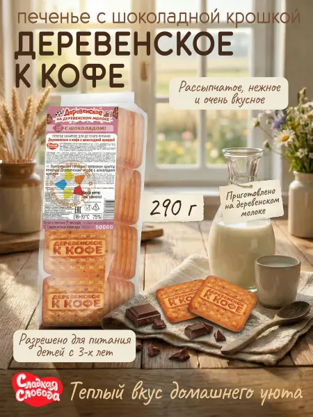 Сладкая слобода Печенье сахарное Деревенское к кофе шоколадная крошка 290 гр
