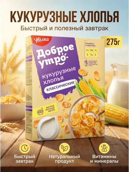Увелка Сухой завтрак Хлопья кукурузные 275гр