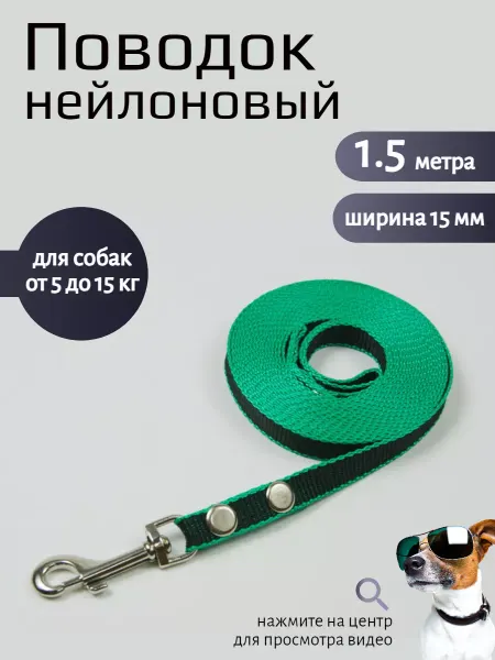Хвостатыч Поводок для собак нейлон 1.5 м х 15 мм (черно-зеленый)