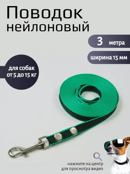 Хвостатыч Поводок для собак нейлон 3 м х 15 мм (черно-зеленый)