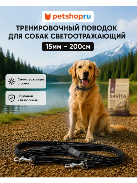 PetShop Поводок для собак светоотражающий 15мм-200см, черный