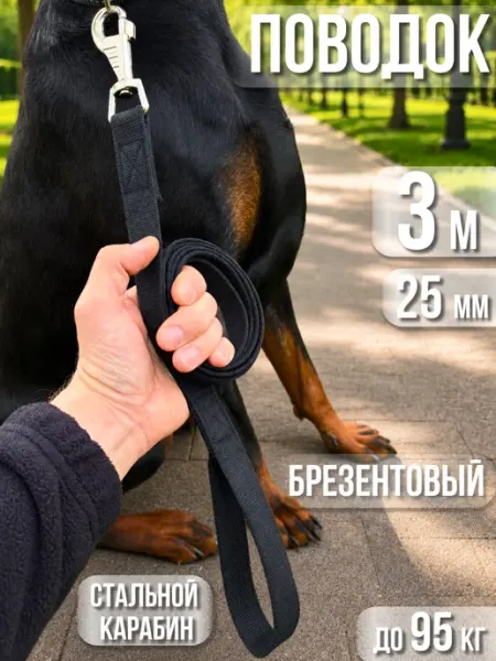 Dog's Paradise Поводок для собак брезентовый 3 м х 25 мм усиленный черный