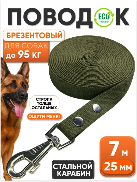 Dog's Paradise Поводок для собак брезентовый 7 м х 25 мм усиленный зеленый