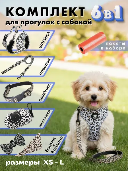 4P Шлейка для собак с поводком и ошейником. Набор для прогулки