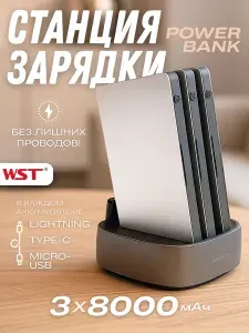 Зарядная станция для внешних аккумуляторов 8000 mAh WST Lira 3 (Встроенные провода type-c, micro usb, lighting)