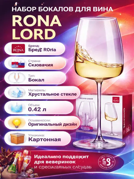 RONA Набор бокалов для вина Lord, 420мл x 4шт