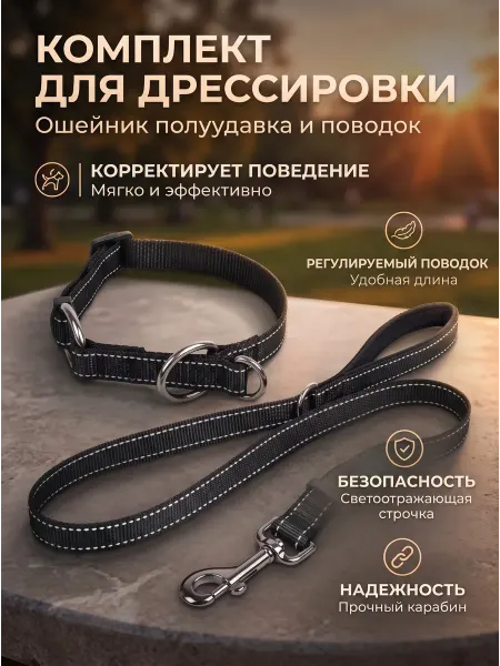 PetOpt Комплект ошейник и поводок для собак, полуудавка M