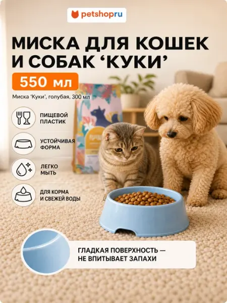 PetShop Миска для кошек и собак пластиковая "Куки", голубая,450мл
