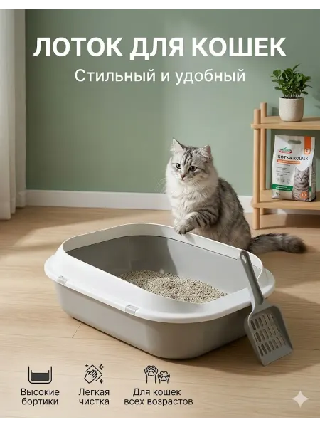 Лоток кошачий большой с высоким бортом защита от мусора