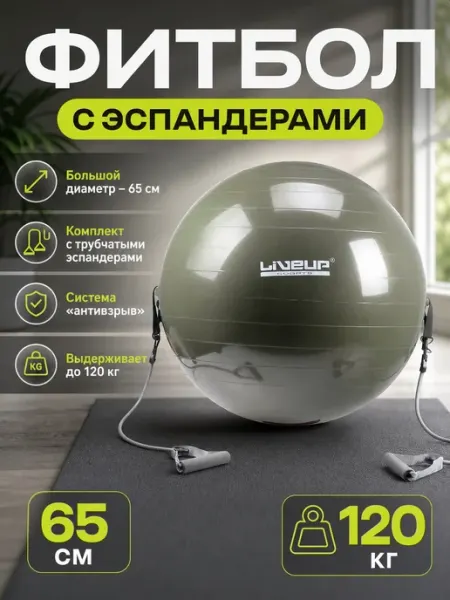 LiVEUP Мяч-фитбол 65 см с эспандерами! 2-в-1 фитнес + силовая
