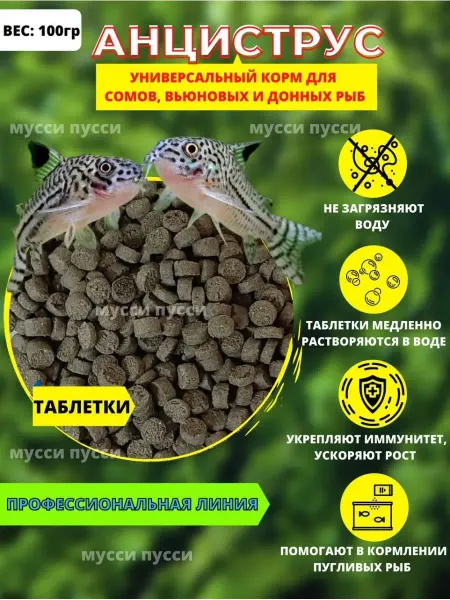 Мусси пусси Корм для аквариумных рыбок сомов донных и вьюновых рыб 100 г