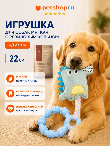 PetShop Игрушка для собак мягкая с резиновым кольцом "Дино", 22 см