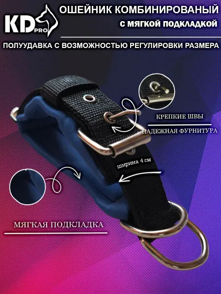 Ошейник 2в1 для собак, синий, ширина 40 мм, регулируемый