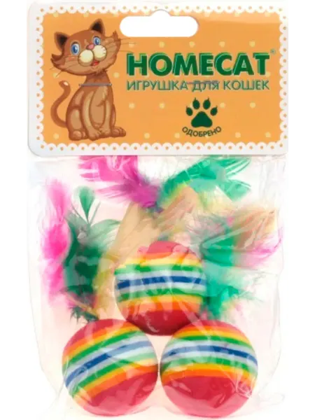 Homecat Игрушка Мяч радужный для кошек с пером 3,5 см 3 шт