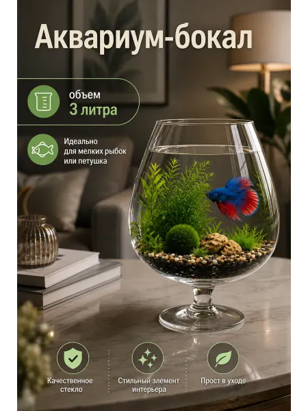 ZooAqua Аквариум бокал 3 литра для рыбок, петушка, круглый