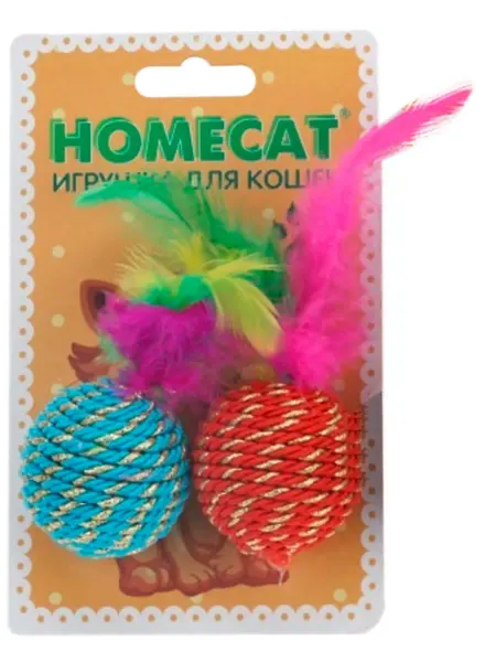 Homecat Игрушка Мяч для кошек с погремушкой и перьями 4 см 2 шт