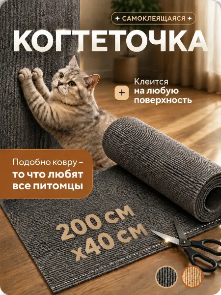 Когтеточка для кошки самоклеящаяся на стену и пол 40х200 см