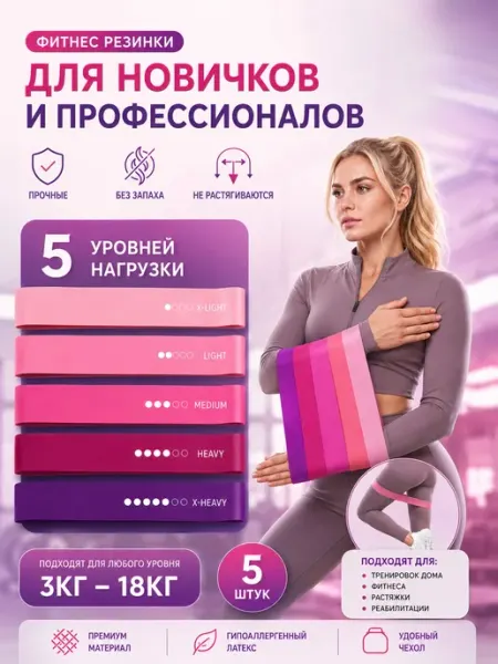 Nestrenvi Резинки для фитнеса прочный латекс, набор 5 штук