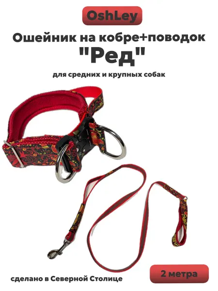 OshLey Комплект ошейник на кобре и поводок "Ред"