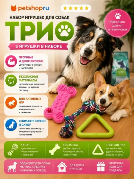 PetShop Игрушки для собак канат, косточка и треугольник "Трио", 3 шт