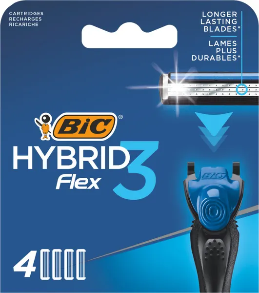 Сменные кассеты для бритья мужские BIC Hybrid 3 Flex, 3 нанотехнологичных подвижных лезвия, увлажняющая полоска, 8 штук в упаковке