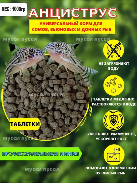 Мусси пусси Корм для аквариумных рыбок сомов и донных рыб 1 кг