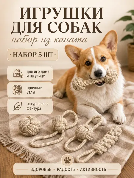 ШЕЛТОРИ Игрушки для собак канаты, мячики бежевые