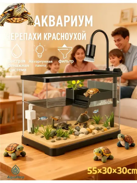 Аквариум для черепахи красноухой 50 л 55×30×30 см